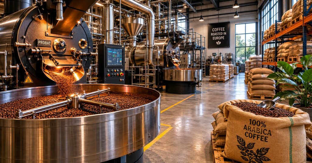 Coffee factory Europe — industrial roasting line at Burdet Coffee Spain