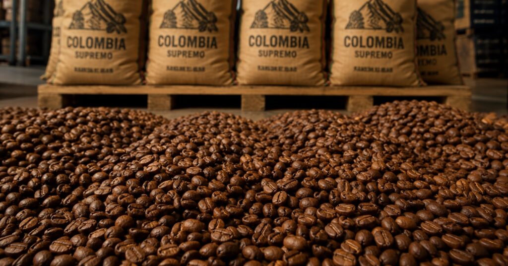 Colombian coffee wholesale Europe — Colombia Supremo palletised at Burdet Coffee Spain